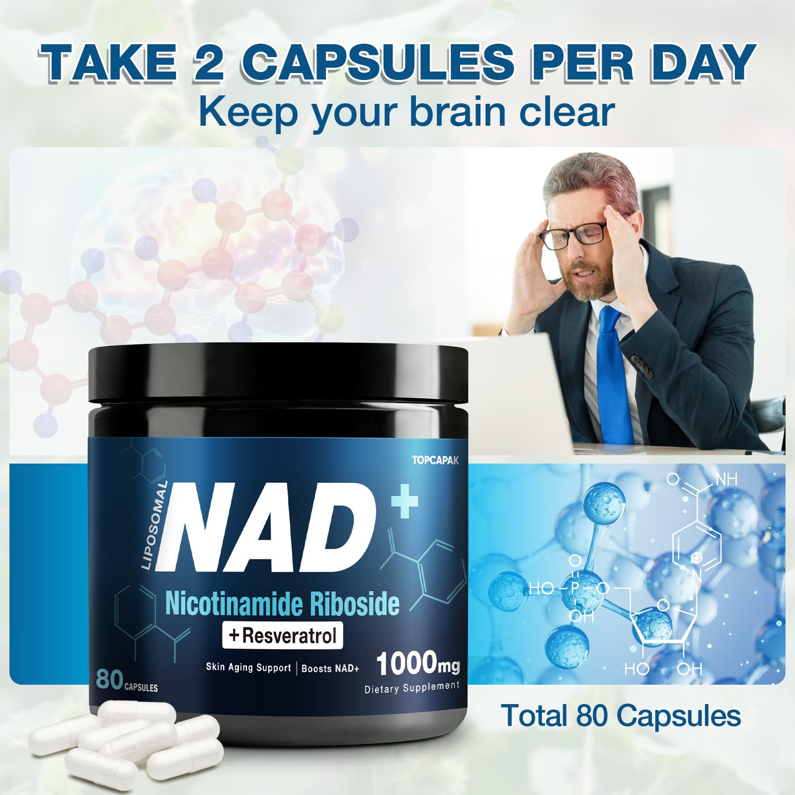 NAD+ Supplement 1000mg - Nicotinamide Riboside (NR) and Resveratrol, Liposomal NAD of Pure Organic Ingredients for Women & Men Healthy Aging, Brain and Cellular Energy, 80 Capsules TOPCAPAKBuy Supplements Australia