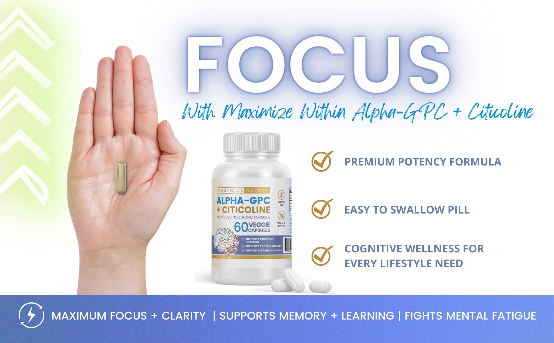 Maximize Within Alpha GPC + Citicoline 60 Ct, 1600mg Concentrated Formula- 99%+Highly Purified & Bioavailable Nootropic-Cognitive Enhancer, Supports Memory, Brain Function, Boosts Focus, Mood & Energy Maximize WithinBuy Supplements Australia