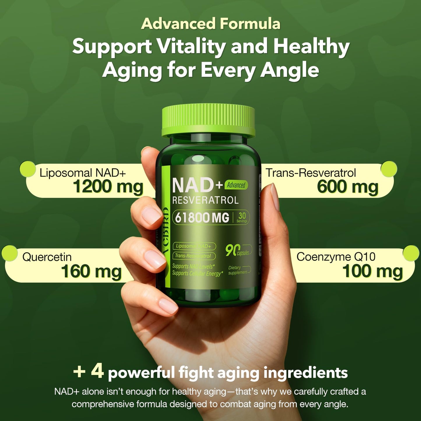 Nad Resveratrol Supplement 61800mg Per Bottle – Liposomal Nad+ Resveratrol for Women & Men – High Purity 1200mg Nad+ Supplement for Energy & Healthy Aging, Resveratrol, Quercetin, CoQ10 – 90 Counts VCBIRDBuy Supplements Australia
