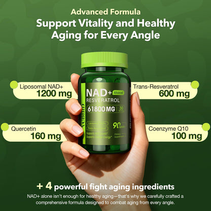 Nad Resveratrol Supplement 61800mg Per Bottle – Liposomal Nad+ Resveratrol for Women & Men – High Purity 1200mg Nad+ Supplement for Energy & Healthy Aging, Resveratrol, Quercetin, CoQ10 – 90 Counts VCBIRDBuy Supplements Australia