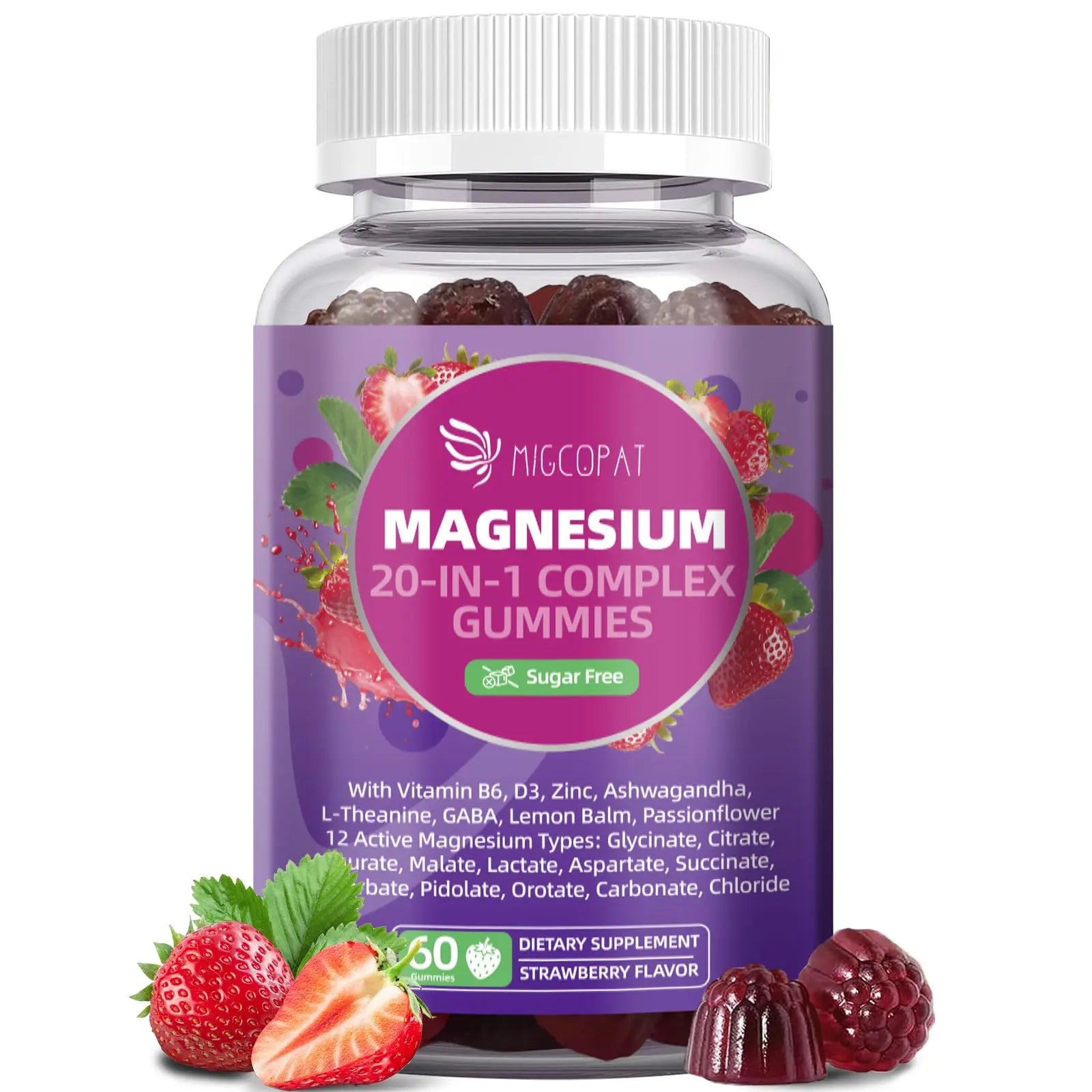 Bottle of magnesium gummies with a purple label on a white background