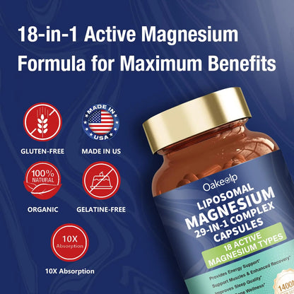 29-in-1 Liposomal 18 Active Types Magnesium Complex 1400MG Capsule,L-Threonate Glycinate Malate etc,Mild & Efficient,Extra Vitamin B6 B12 D3K2 & CoQ10, Relaxation Nerve* & Hert* Support Oakevlp buy supplements Au