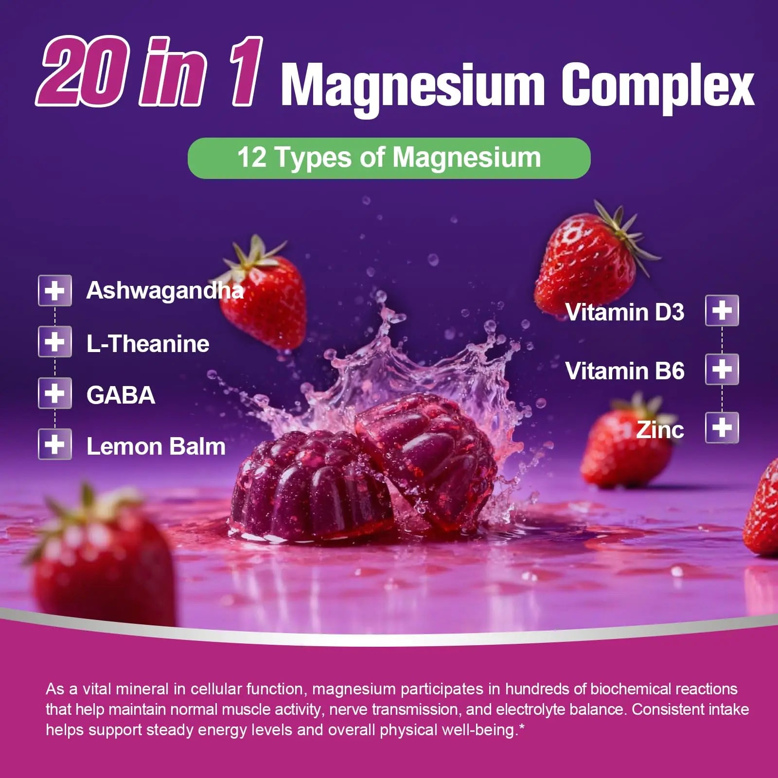 Migcopat Magnesium Complex Gummies, 20 in 1 Magnesium Gummy with Glycinate Citrate Malate Taurate - Ashwagandha, L-Theanine, D3&Zinc for Relaxation, Sleep, Muscle&Heart Support, Strawberry, 60 Cts Migcopat buy supplements Au