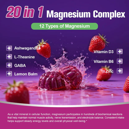 Migcopat Magnesium Complex Gummies, 20 in 1 Magnesium Gummy with Glycinate Citrate Malate Taurate - Ashwagandha, L-Theanine, D3&Zinc for Relaxation, Sleep, Muscle&Heart Support, Strawberry, 60 Cts Migcopat buy supplements Au