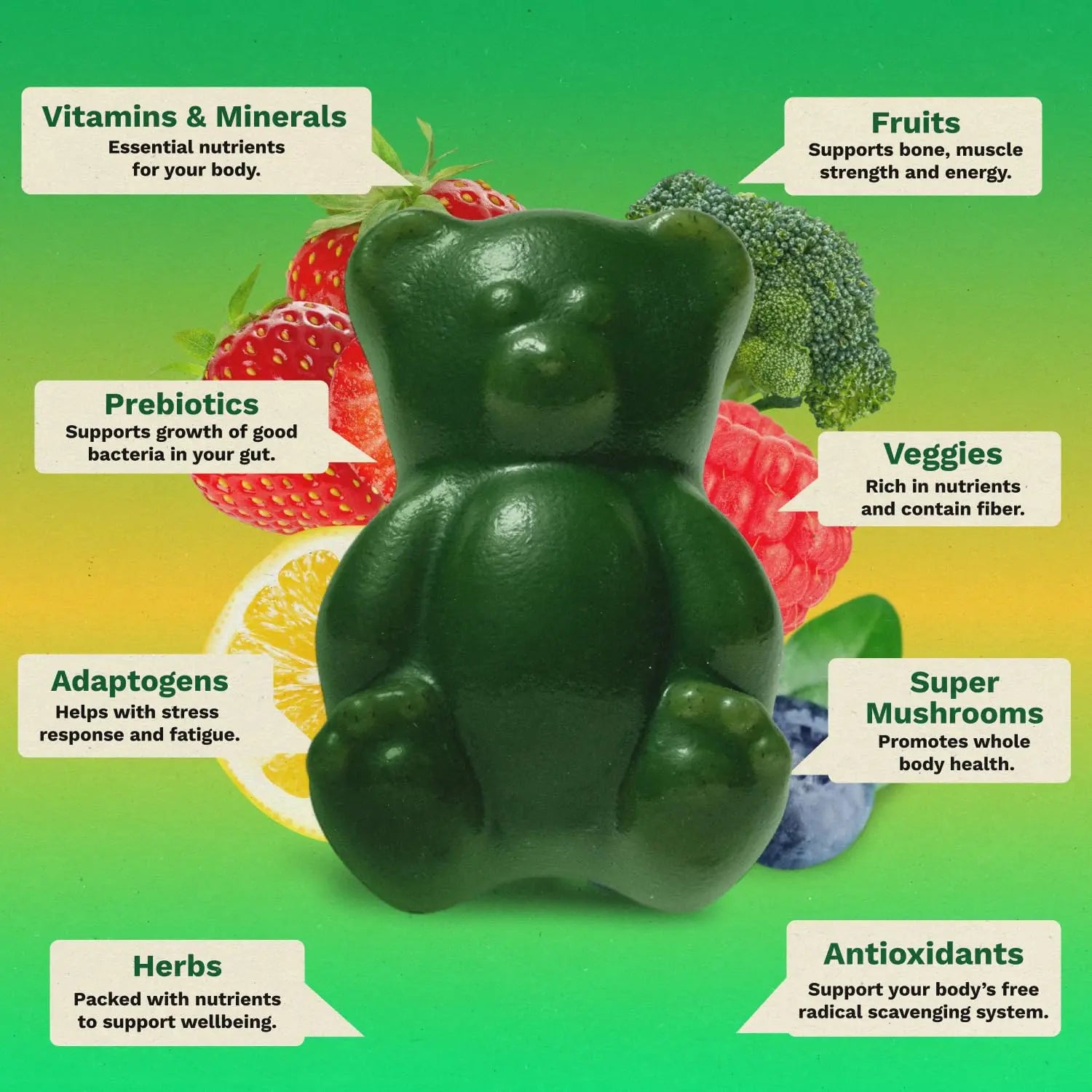Gruns Sugar-Free Super Greens Gummies, Multivitamin Superfood Gummy Bears, Spirulina, Chlorella, Prebiotics & Fiber gummies for Digestive Health, Adaptogens Supplement, 20 Vitamins & Minerals, 10 pack Grüns buy supplements Au