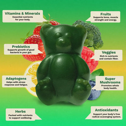Gruns Sugar-Free Super Greens Gummies, Multivitamin Superfood Gummy Bears, Spirulina, Chlorella, Prebiotics & Fiber gummies for Digestive Health, Adaptogens Supplement, 20 Vitamins & Minerals, 10 pack Grüns buy supplements Au