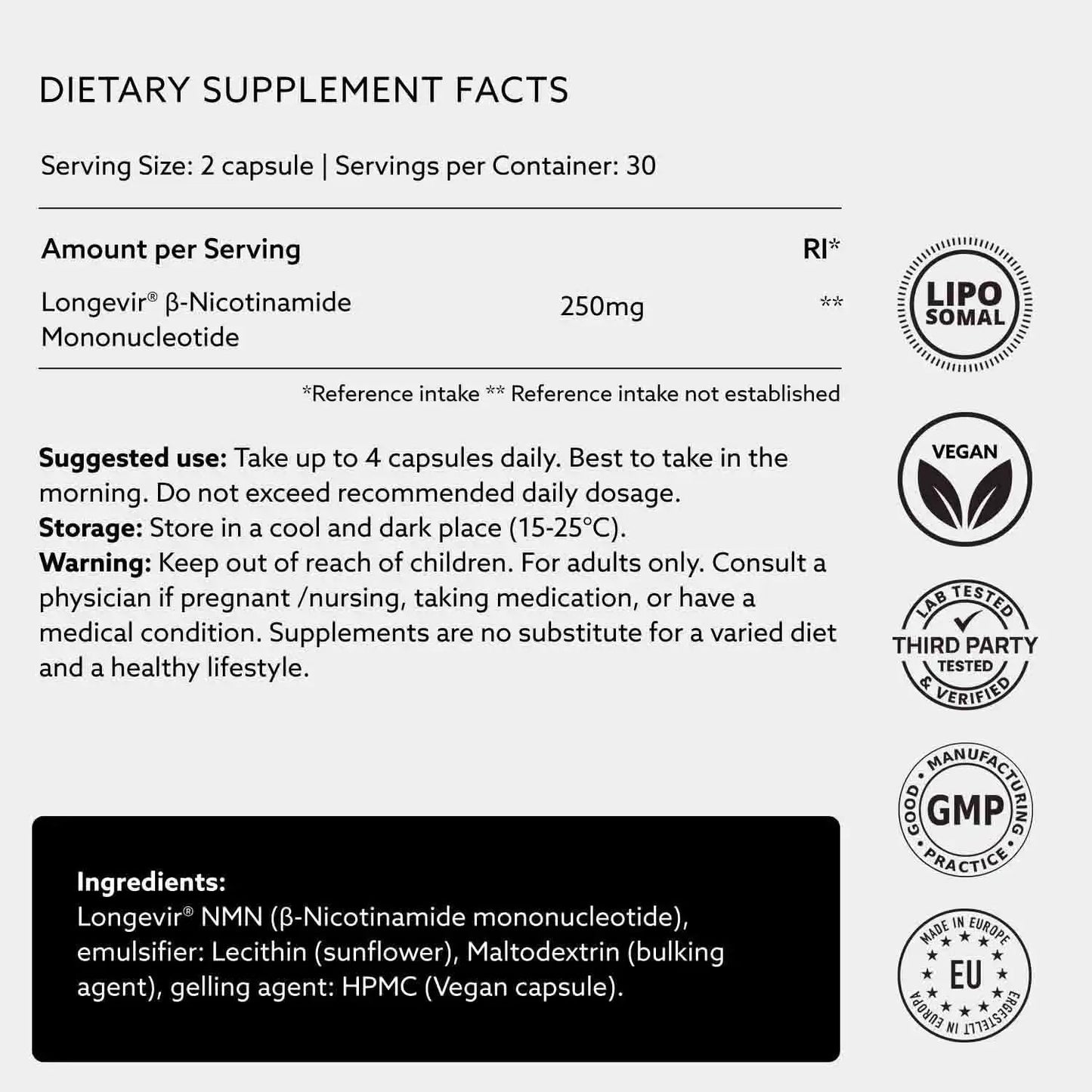 PUROVITALIS Liposomal NMN, 250mg Longevir Nicotinamide Mononucleotide Supplement, NAD+ Boost for Cellular Health, Energy & Healthy Aging, 1-Month Supply (60 Vegan Capsules) PUROVITALISBuy Supplements Australia