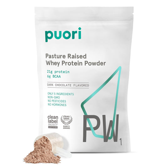 Puori Whey Protein Powder, Dark Chocolate - PW1 Pasture-Raised, Grass-Fed Whey Protein Powder Drink Mix containing BCAA Amino Acids - Post-Workout Supplement for Muscle Gain & Recovery - 30 Servings Puori buy supplements Au