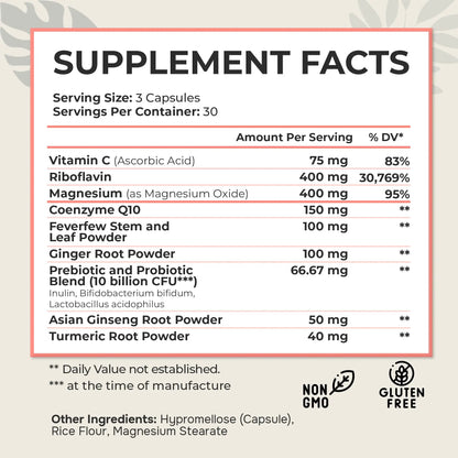 Dr. Munnerlyn MigraPro with Probiotics, Brain and Gut Health Support Supplement with Magnesium, Riboflavin, CoQ10, Ginger Root, Asian Ginseng, Vitamin C, Feverfew & Turmeric, Gluten Free, 90 Capsules Dr. Munnerlyn buy supplements Au