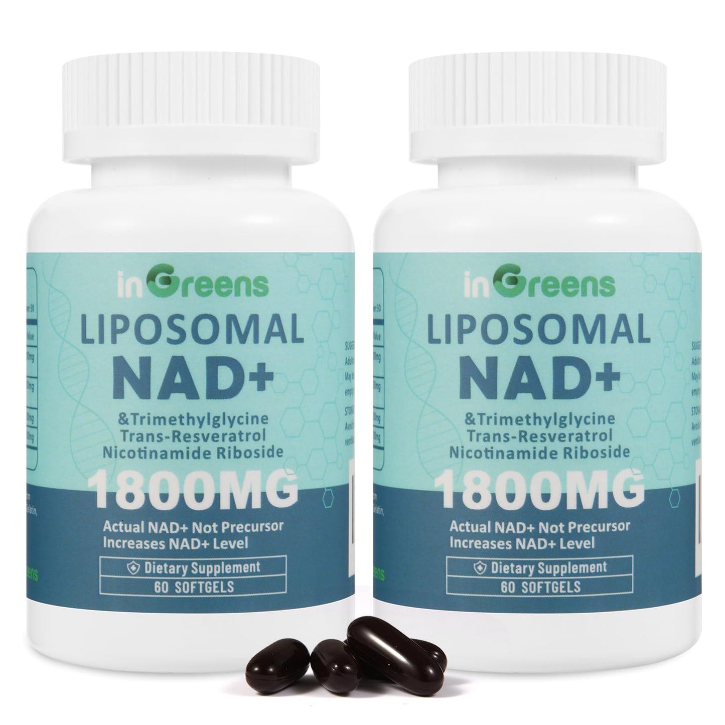 Two bottles of inGreens Liposomal NAD+ dietary supplements on a white background