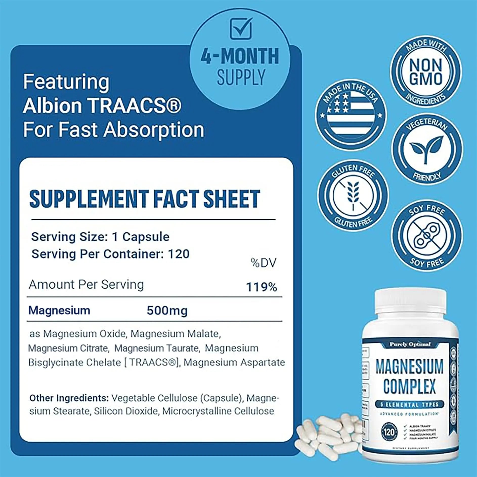 Purely Optimal Magnesium Complex - 6 Forms Magnesium Glycinate, Citrate & Malate - Sleep Support, Stress Relief, Muscles, Heart Health & Relaxation Purely Optimal