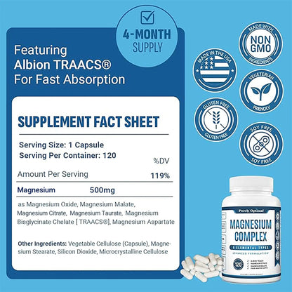 Purely Optimal Magnesium Complex - 6 Forms Magnesium Glycinate, Citrate & Malate - Sleep Support, Stress Relief, Muscles, Heart Health & Relaxation Purely Optimal