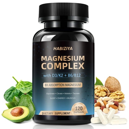 Bottle of Habiziya Magnesium Complex supplement with health benefits displayed.