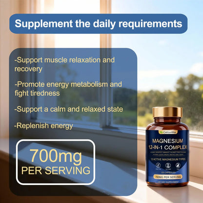 Magnesium 12-in-1 Complex 700mg, with Glycinate & Citrate, Vegan Supplement for Daily Wellness, 120 Capsules (1) WOJJ buy supplements Au