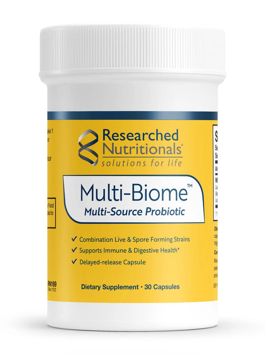 Researched Nutritionals Multi-Biome multi-source probiotic supplement on a white background