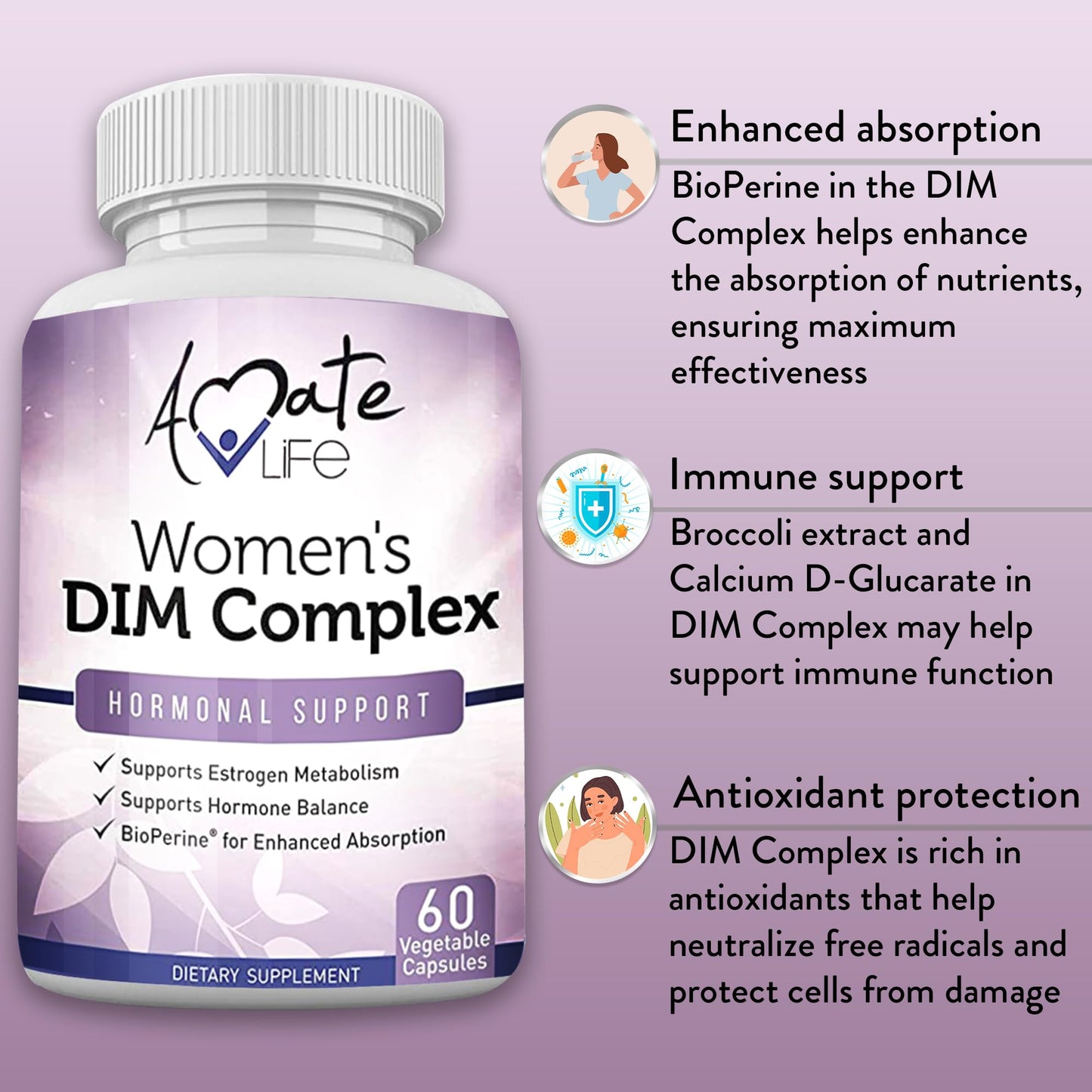 Women’s DIM Complex 150mg - Bioperine Estrogen Balancing Pills for Menopause & Hot Flashes Relief Amate Life