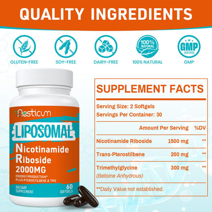 Aesticum 2000 MG Nicotinamide Riboside, NMNH Supplement Alternative, Liposomal Nicotinamide Riboside Supplement with TMG & Pterostilbene - NAD*, Energy, Focus, Immunity, Age Resist - 120 Softgels AesticumBuy Supplements Australia