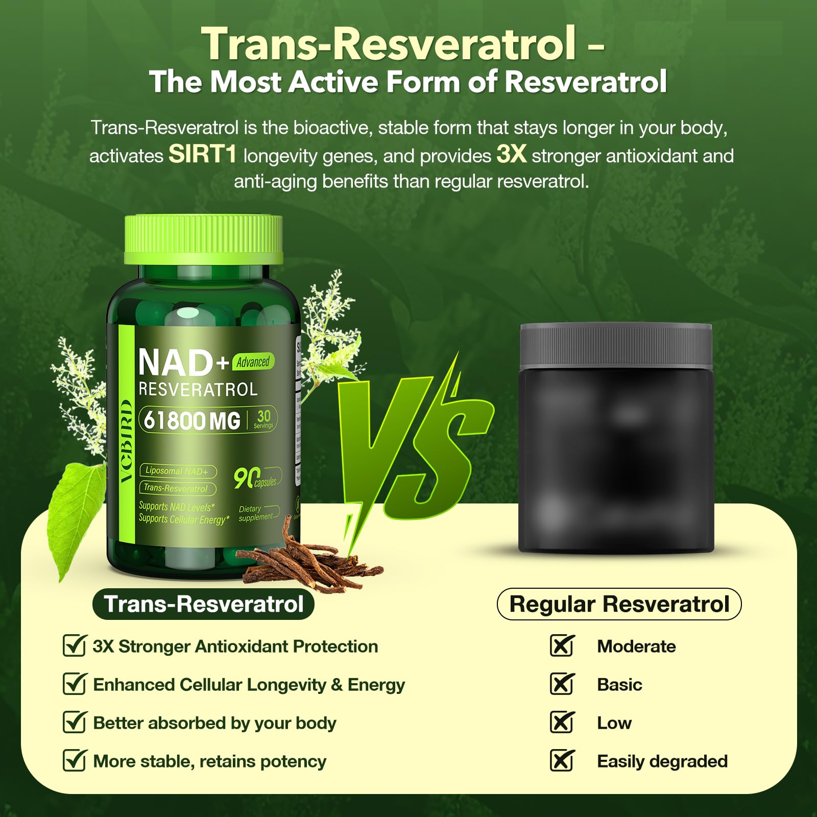 Nad Resveratrol Supplement 61800mg Per Bottle – Liposomal Nad+ Resveratrol for Women & Men – High Purity 1200mg Nad+ Supplement for Energy & Healthy Aging, Resveratrol, Quercetin, CoQ10 – 90 Counts VCBIRDBuy Supplements Australia