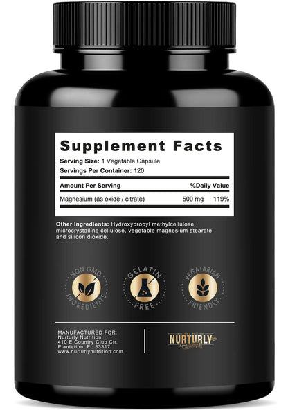 Magnesium Citrate & Oxide 500mg Complex Supplement - High Absorption Maximum Strength - Helps Support Bone Density and Strength, Muscles, Energy and Sleep - 120 Vegan Capsules NURTURLY buy supplements Au