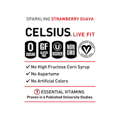 CELSIUS Sparkling Strawberry Guava, Functional Essential Energy Drink 12 Fl Oz (Pack of 12) CELSIUSBuy Supplements Australia