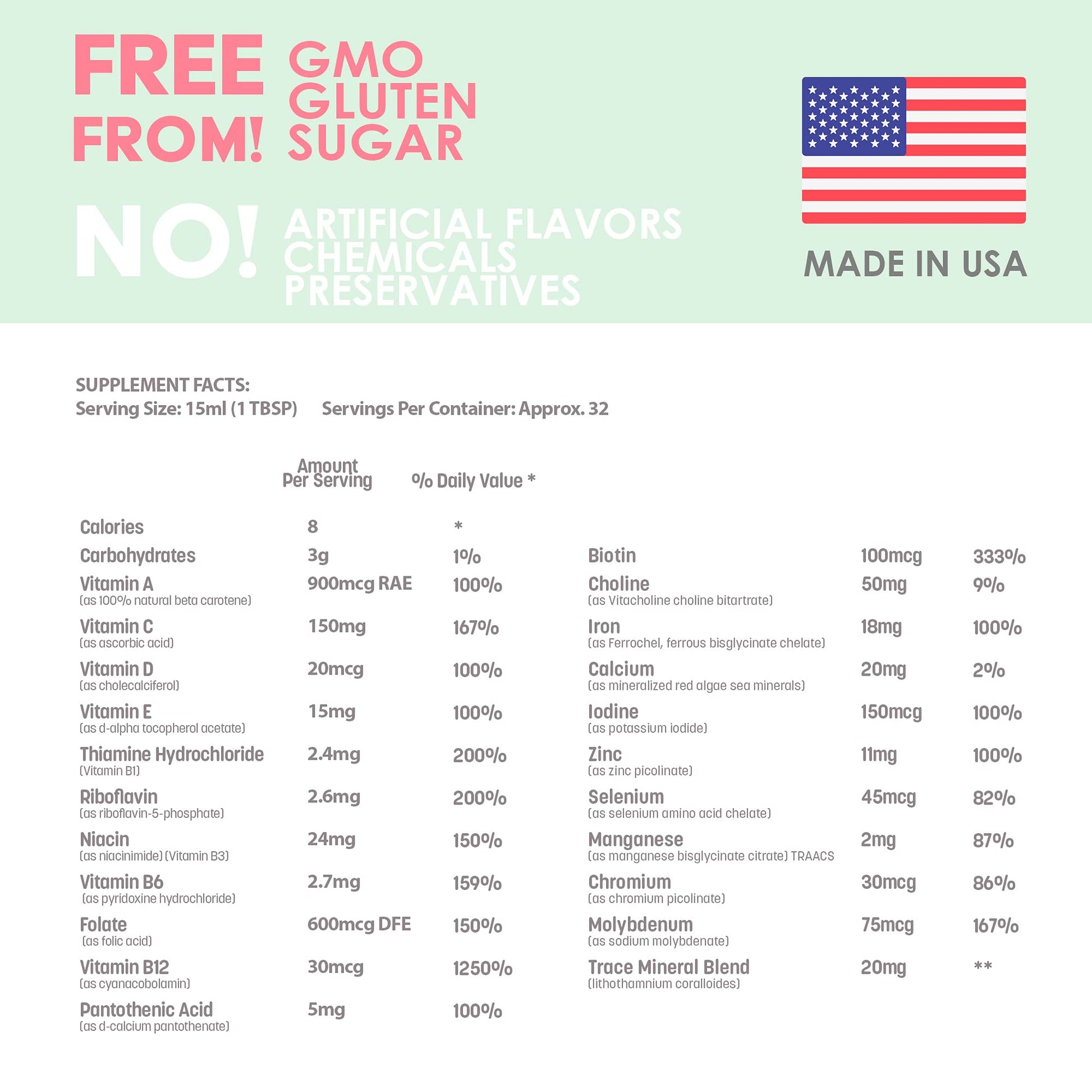 Liquid Prenatal Vitamins for Women - Iron, Natural Folic Acid, Folate, Vitamin D, E, B6 GreenPeach