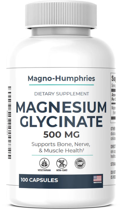 Supplement bottle labeled 'Magnesium Glycinate 500 MG' by Magno-Humphries on a white background