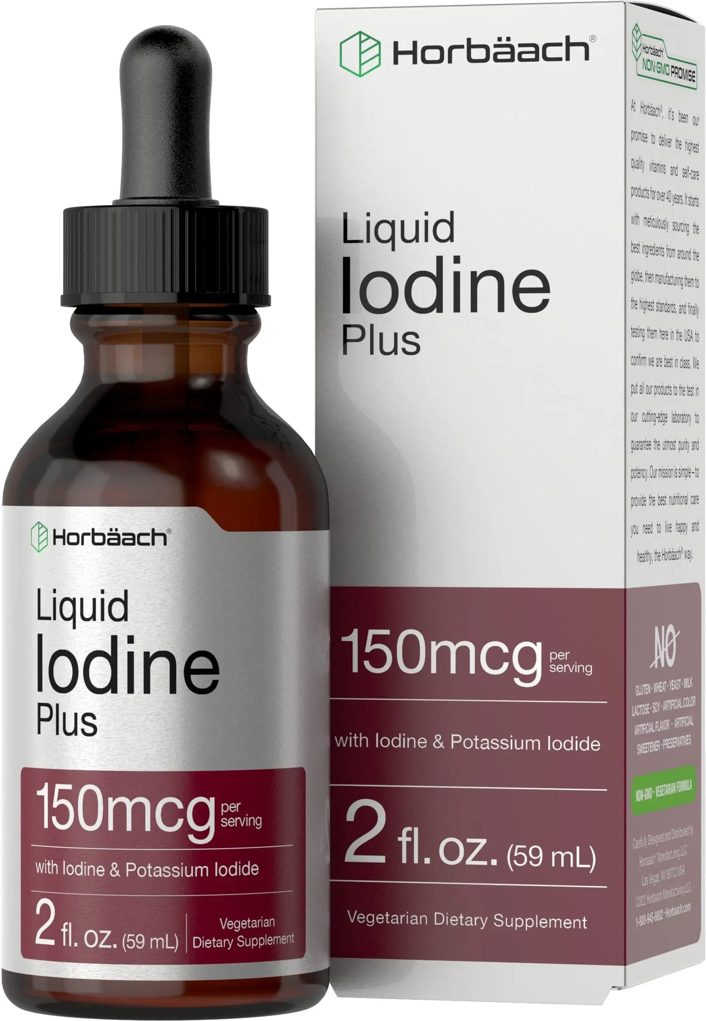 Liquid Iodine Solution Drops | 2 fl oz | 150 mcg | Iodine & Potassium Iodide Supplement Horbäach
