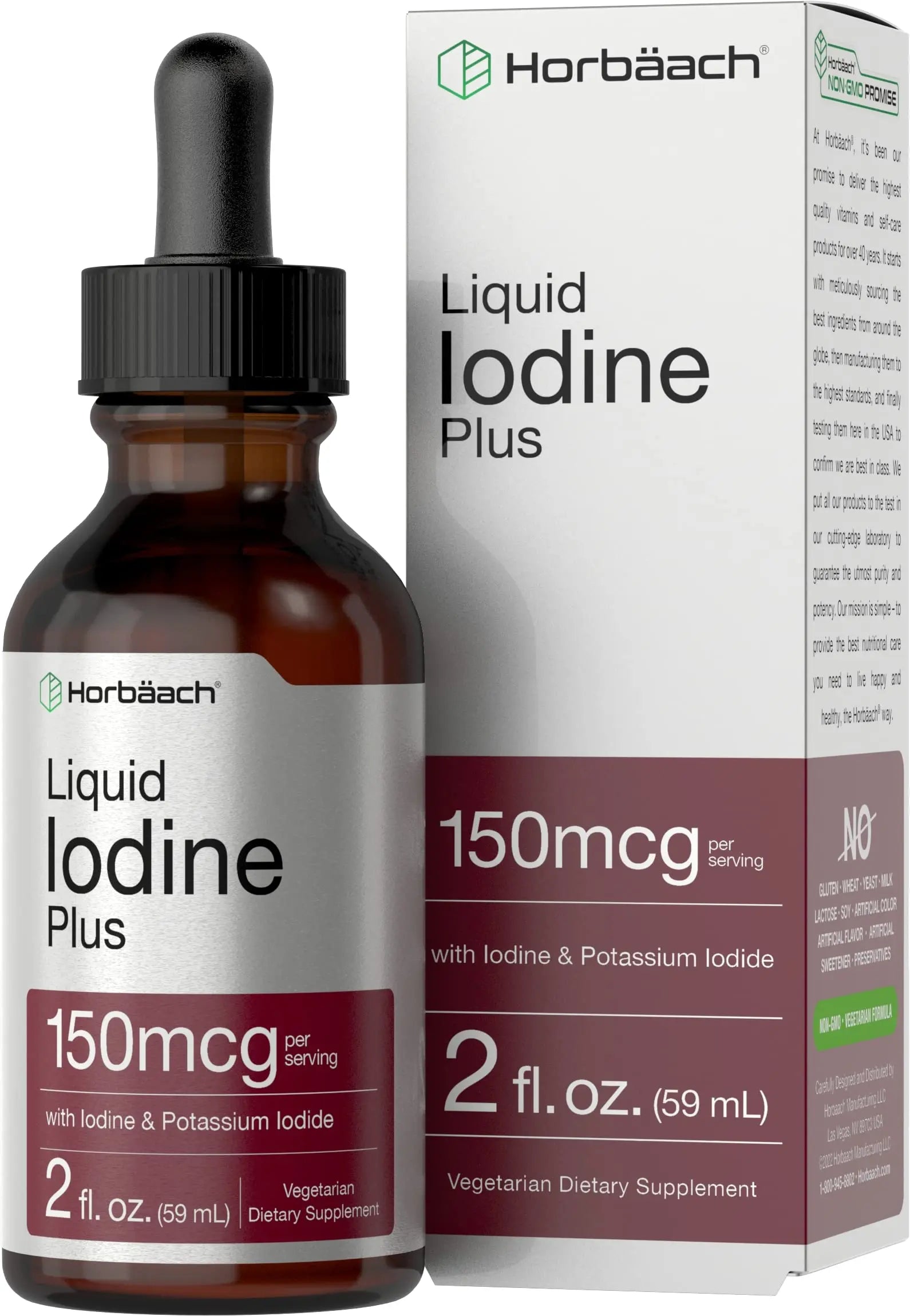 Liquid Iodine Solution Drops | 2 fl oz | 150 mcg | Iodine & Potassium Iodide Supplement Horbäach