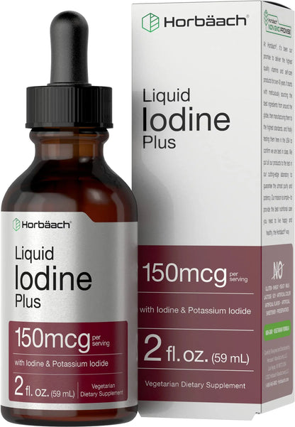 Liquid Iodine Solution Drops | 2 fl oz | 150 mcg | Iodine & Potassium Iodide Supplement Horbäach