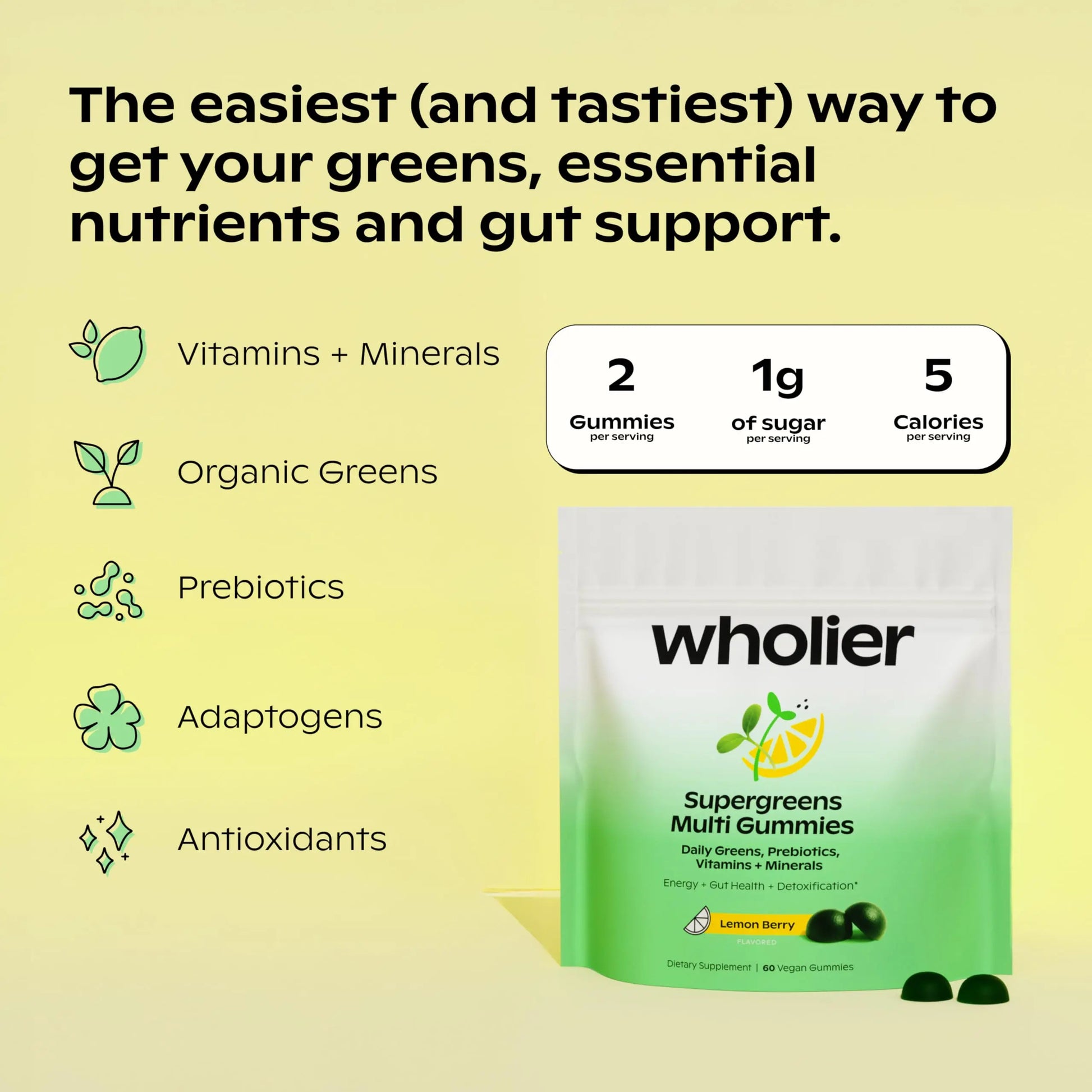 wholier Daily Supergreens Gummies, Greens Supplement with Prebiotics, Fiber, Adaptogens, Vegan Multivitamin, 9 Essential Vitamins + Minerals, 1g Sugar, 2 Gummy Serving (60 Gummies, 30 Day Supply) wholier buy supplements Au