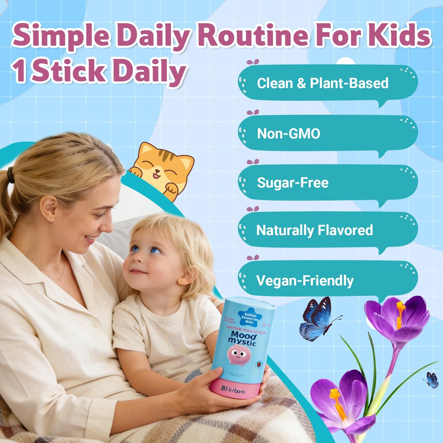Biorizvo Saffron Drink for Kids - Saffron Exact Drink Mix with GABA, Magnesium & Vitamin D3 - Supports Mood Focus & Sleep, Calms Temper Tantrums, Fruit Punch Drink Sticks Mix for Kids 4+, Sugar-Free Biorizvo buy supplements Au