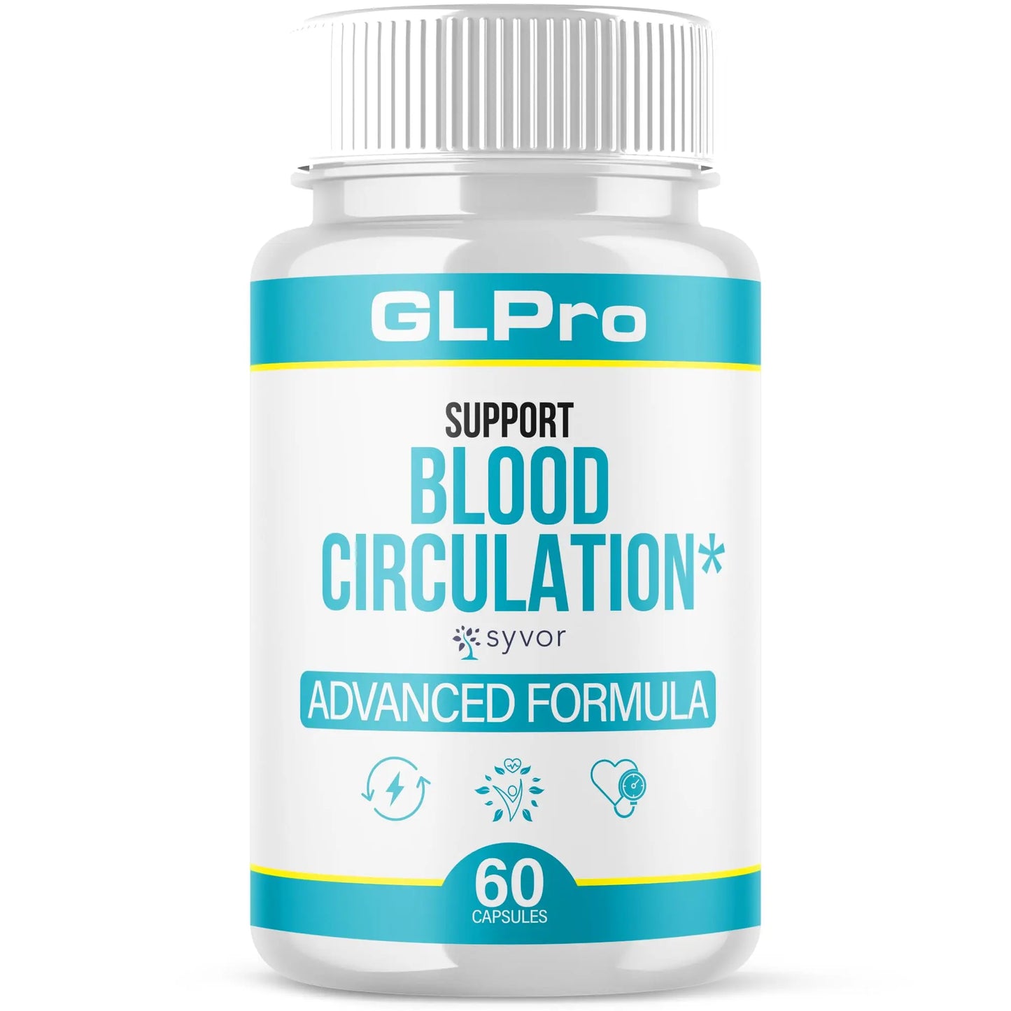 GLPro supplement bottle for blood circulation support on a white background