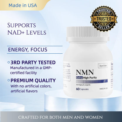 AOVITAO NMN Supplement 500mg Ultra Pure 99.8% | Stabilized Form | Supports NAD+ Production, Cellular Health & Healthy Aging | 60 Capsules AOVITAOBuy Supplements Australia