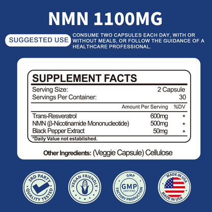 Jeaderly 1100mg NMN & Trans-Resveratrol, 3-in-1 Supplement, 60 Veggie Capsules – Supports NAD+ Boost*, Cellular Energy, Immune Function, Muscle Health & Anti-Aging, 30-Day Supply JeaderlyBuy Supplements Australia