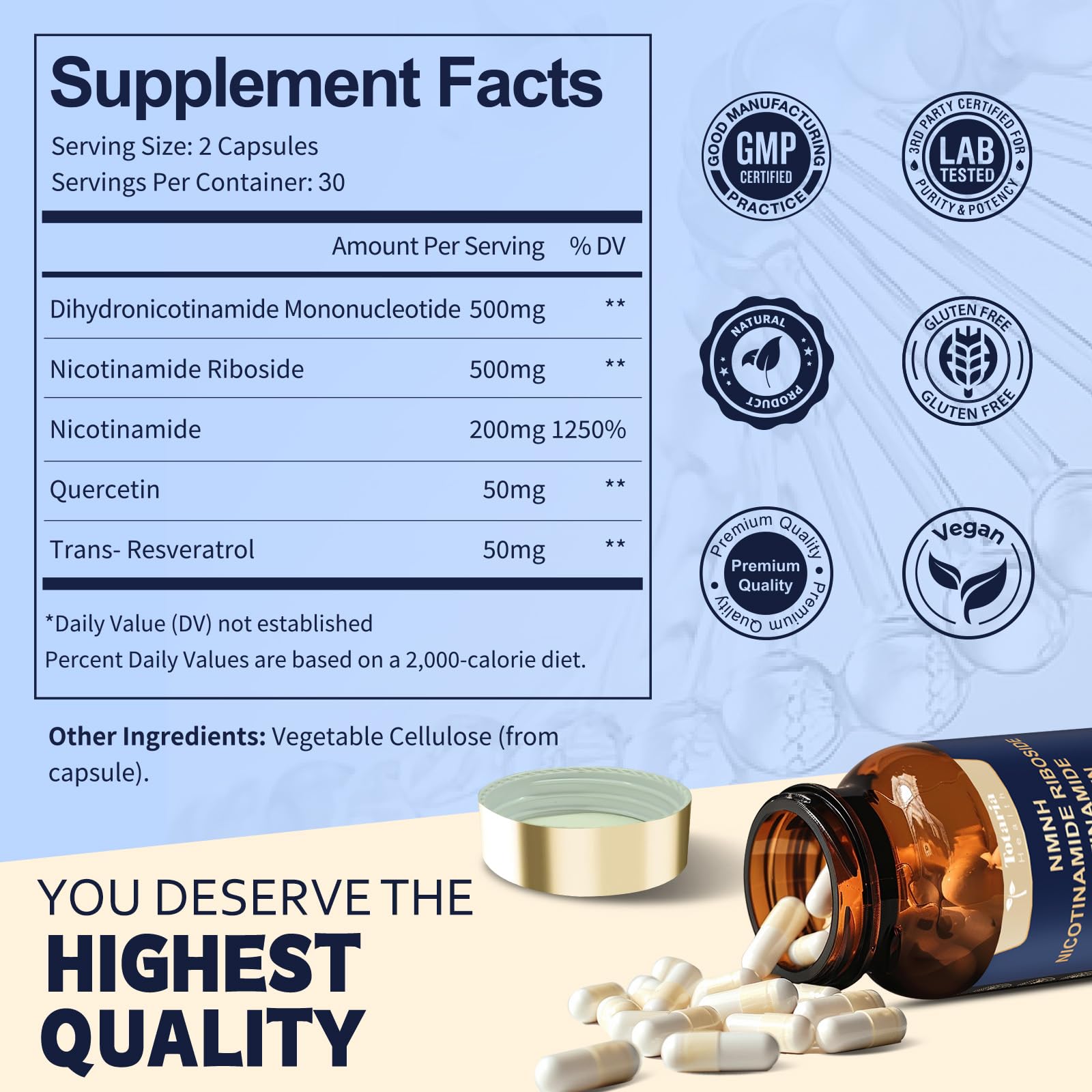 Totaria NMNH (NMN Alternative Supplement) (Dihydronicotinamide Mononucleotide) Ultra Strength, NAD+ Support w/Resveratrol & Quercetin, Ultra Absorption for Anti-Aging, Vegan, 60 Counts TotariaBuy Supplements Australia