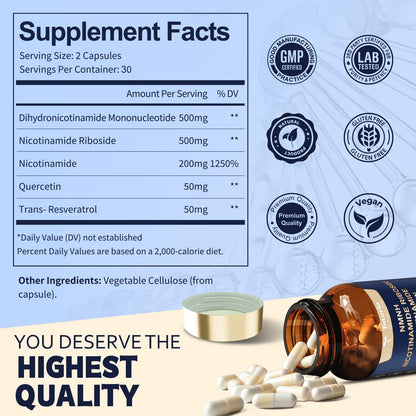 Totaria NMNH (NMN Alternative Supplement) (Dihydronicotinamide Mononucleotide) Ultra Strength, NAD+ Support w/Resveratrol & Quercetin, Ultra Absorption for Anti-Aging, Vegan, 60 Counts TotariaBuy Supplements Australia