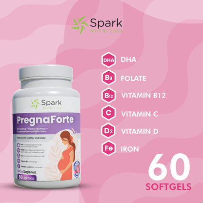 Pregnaforte Prenatal Multivitamin 60 days: Folic acid, Omega-3 DHA/EPA, Vitamins A, B6, B12, C, D3, E Spark Nutrition