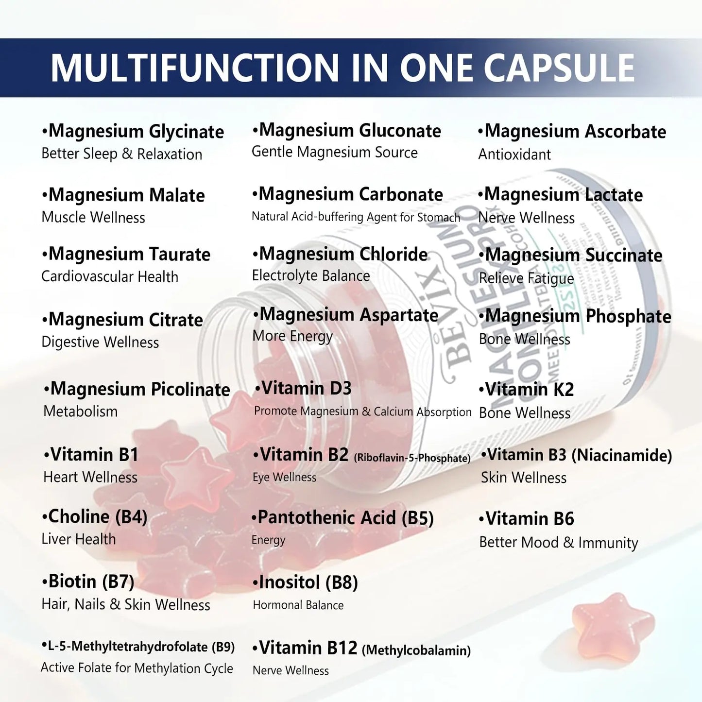 BEVIX Magnesium Complex Gummies with Methylated B Complex Magnesium Glycinate Citrate Malate Taurate Gluconate Aspartate Carbonate D3 K2, Magnesium for Relaxation Energy & Nerve, 60 Gummies BEVIX buy supplements Au