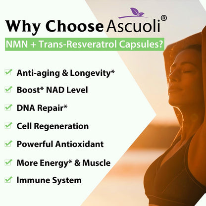 99% Ultra Purity NMN 500mg + Trans-Resveratrol 600mg, 1150mg NMN Resveratrol Supplement, 3-in-1 Advanced Formula for Boost* NAD, Cell, Immune, Energy & Muscle, Healthy Aging, Stabilized Form - 60 Caps AscuoliBuy Supplements Australia