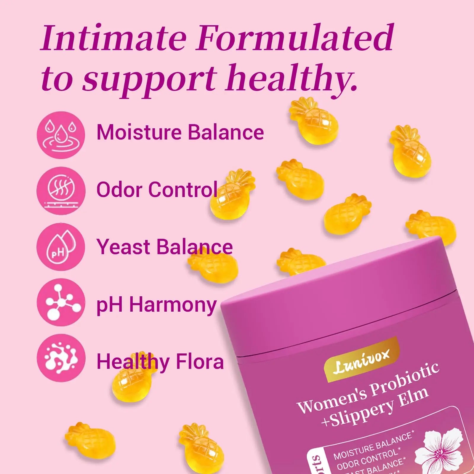 Lunivox Her Juicy Feminine Probiotics Gummies for Women, with Prebiotics & Slippery Elm - Promotes pH Balance, Gut Health & Immune Support - Pineapple Flavor, 60 Count Lunivox buy supplements Au