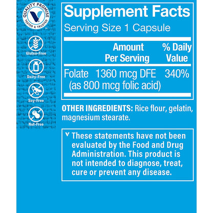 The Vitamin Shoppe Folic Acid 800MCG, Supports Prenatal & Fetal Development (300 Capsules) The Vitamin Shoppe
