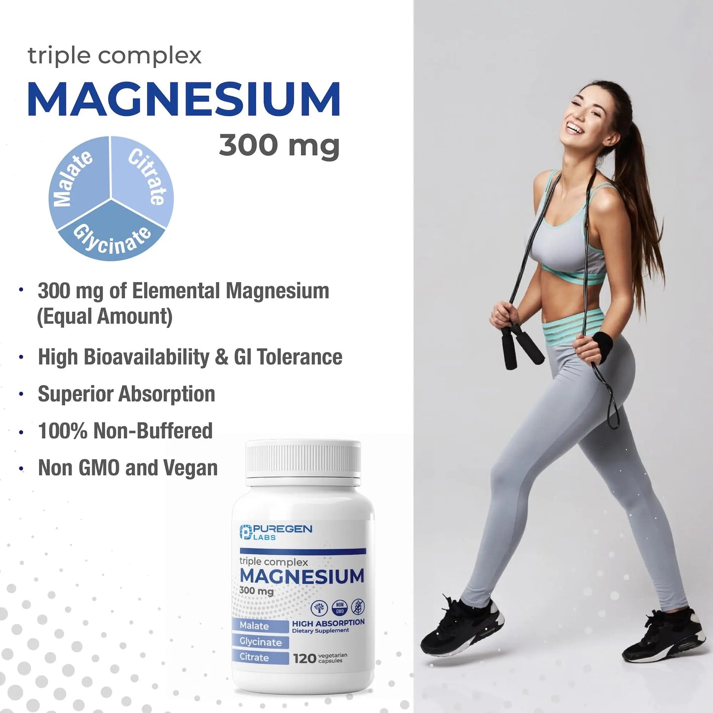 Puregen Labs Triple Magnesium Complex 300mg of Magnesium Glycinate, Malate, & Citrate P Puregen Labs