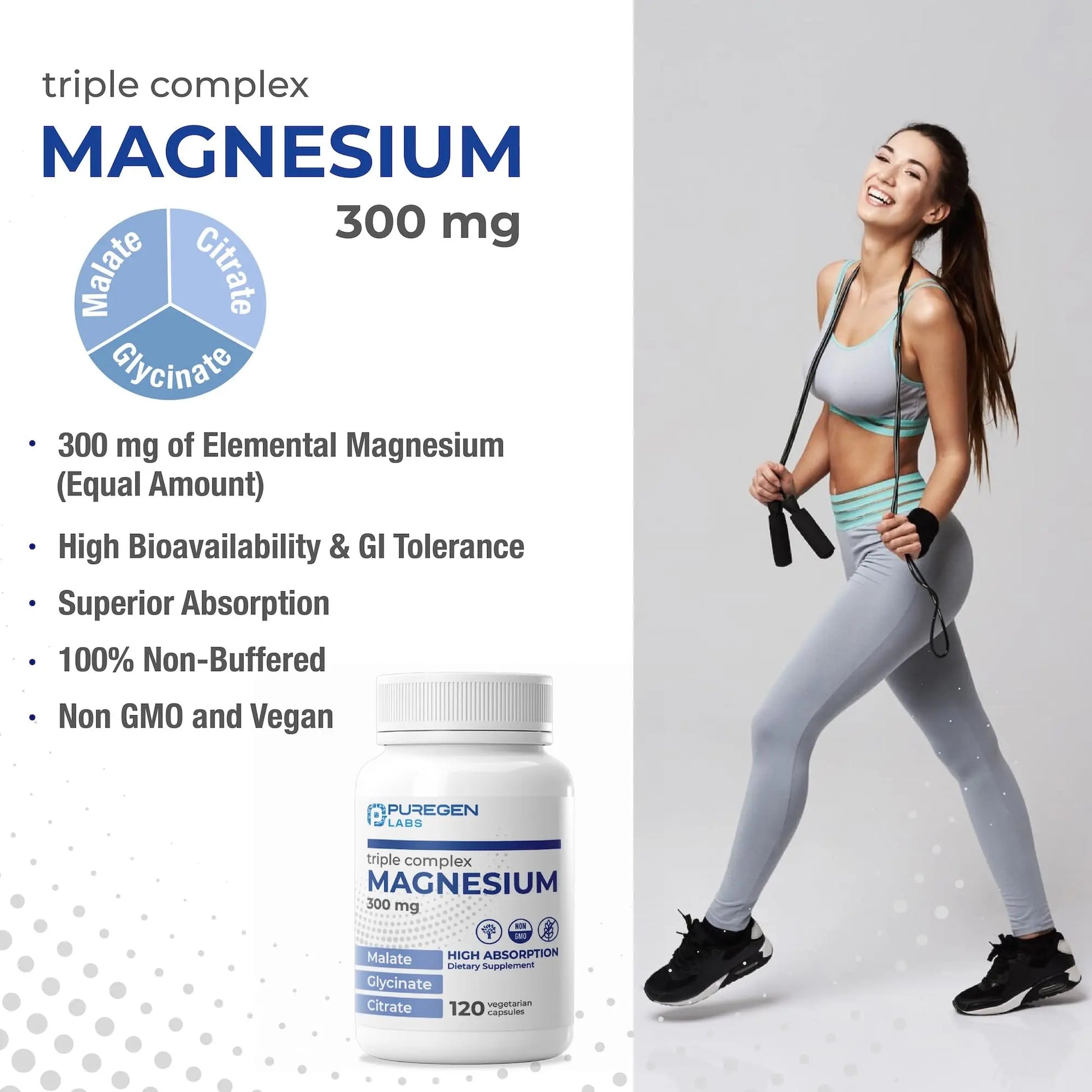 Puregen Labs Triple Magnesium Complex 300mg of Magnesium Glycinate, Malate, & Citrate P Puregen Labs