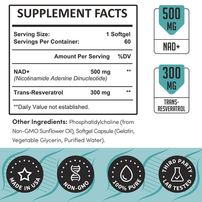 Rhamoph Liposomal NAD+ 800 mg with Trans-Resveratrol 300 mg, Max Absorption, Actual NAD+ Boosting Supplement for Healthy Aging, Cellular Energy, DNA Repair, Longevity - 60 Softgels RhamophBuy Supplements Australia