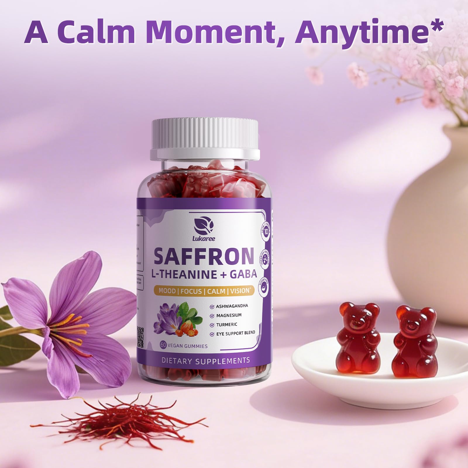 10-in-1 Saffron Supplements Gummies - Saffron Extract 88.5 mg with L-Theanine, GABA, Ashwagandha, Turmeric,Magnesium – Mood, Focus, Vision Support & Cortisol Balance, Sugar Free, Vegan, 60 Counts LukareeBuy Supplements Australia