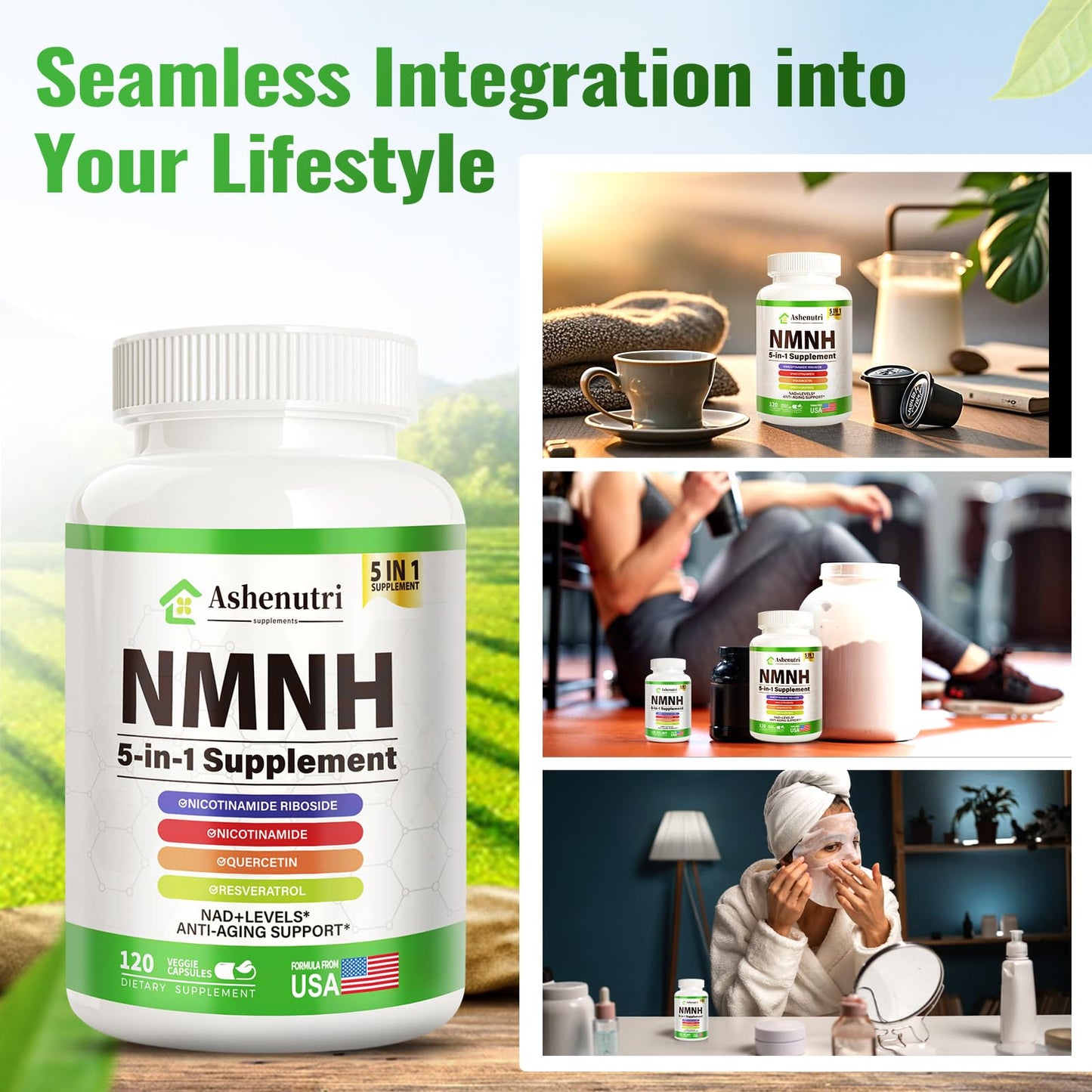 NMNH (Dihydronicotinamide Mononucleotide), NMN Alternative Supplement w/Niacinamide (Vitamin B3), Quercetin, Trans-Resveratrol, Support NAD+, Skin Cell Health*, Anti-Aging & Energy, 120 Caps AshenutriBuy Supplements Australia