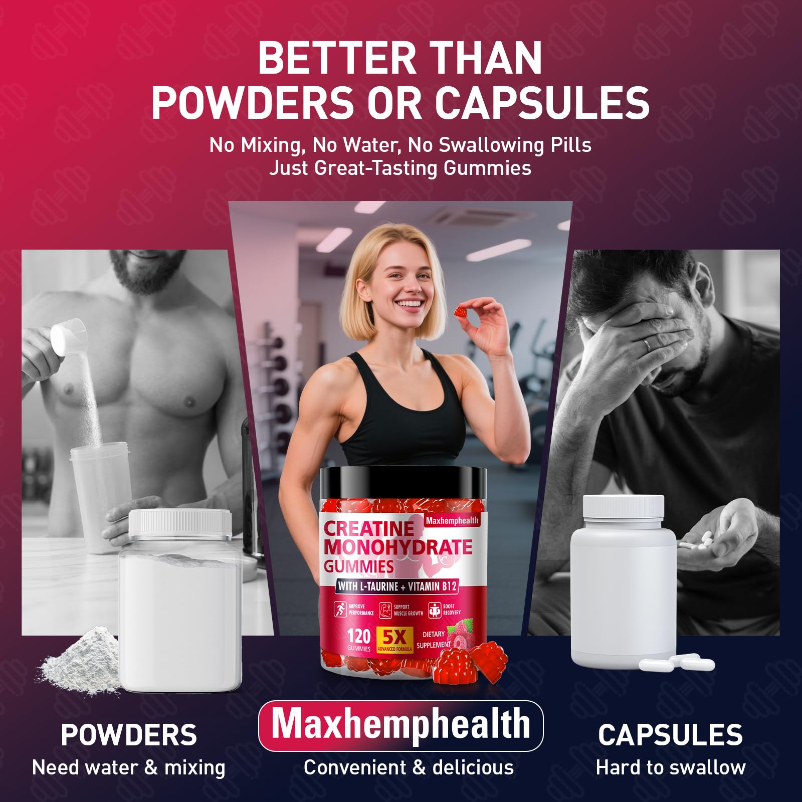 Creatine Gummies for Men & Women, Creatine Monohydrate Gummies 5g, Build Muscle, Strength, Recovery, Cognitive Health & Memory, Pre Workout Supplement, 120 Count Raspberry Chewable Gummy MaxhemphealthBuy Supplements Australia