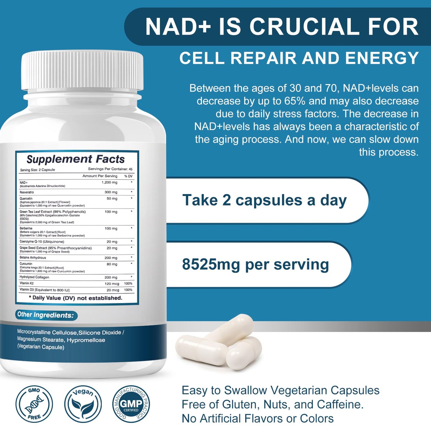 ETOVO NAD+ Supplement, 8525 mg Liposomal NAD Resveratrol Supplement for Women and Men with Coptisine Quercetin Curcumin Supports Cellular Health, Energy & Healthy Anti-Aging 180 Counts ETOVOBuy Supplements Australia