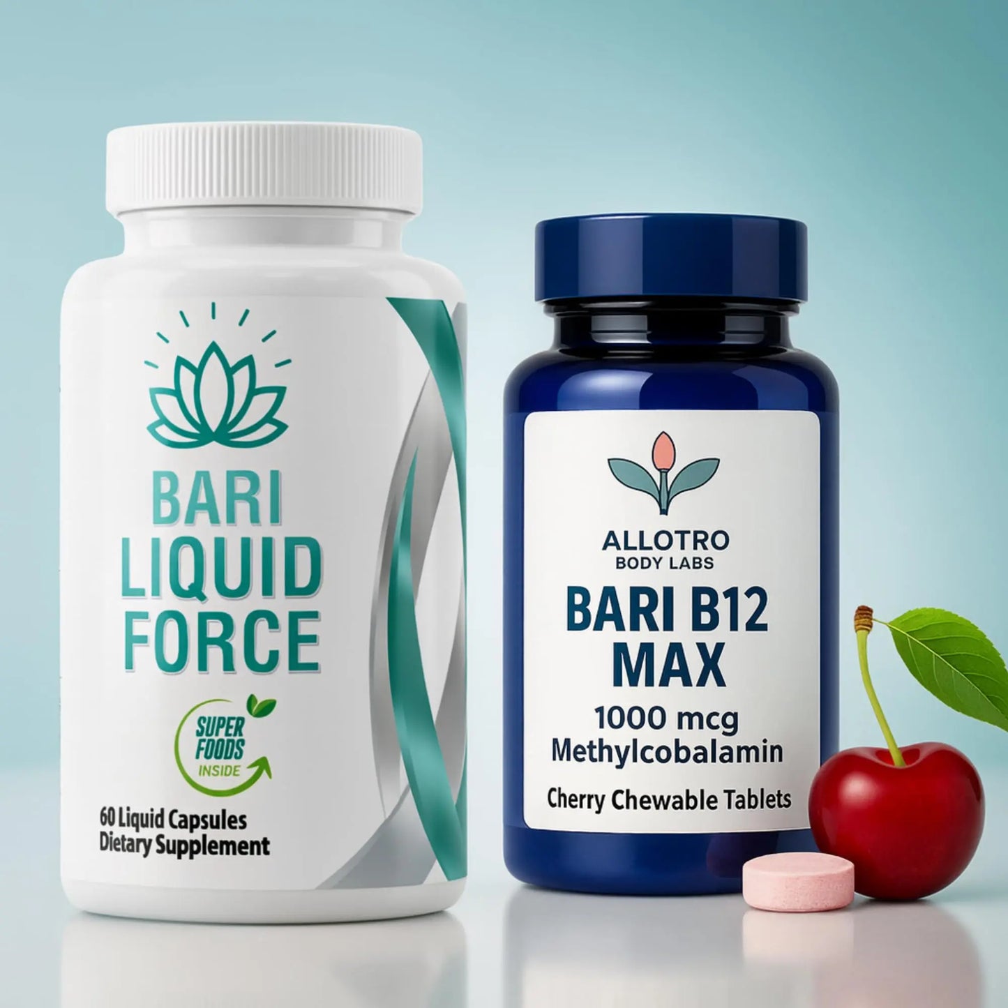 Two supplement bottles, 'Bari Liquid Force' and 'Allotro Bari B12 Max', with a cherry on a light blue background.