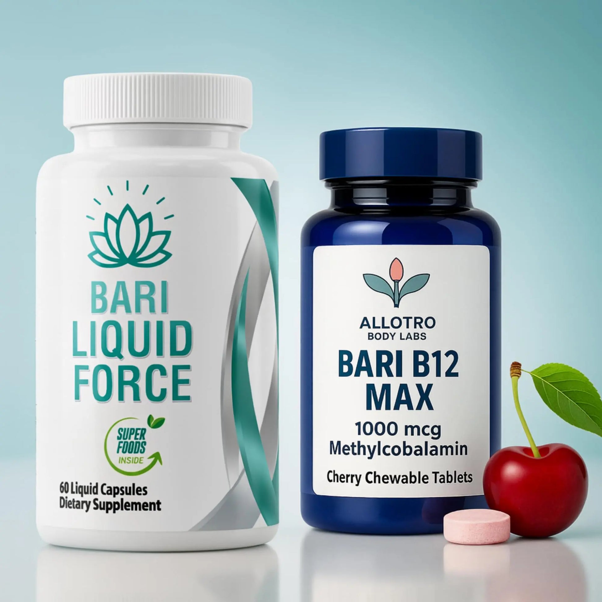 Two supplement bottles, 'Bari Liquid Force' and 'Allotro Bari B12 Max', with a cherry on a light blue background.